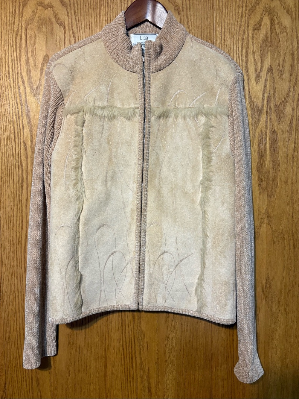 Lisa International Beige Faux-Suede & Knit Zip Jacket
